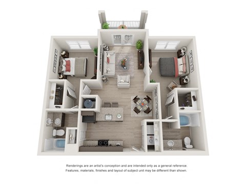 Floor plan for 2 beds, 2 baths, 1042 sqft